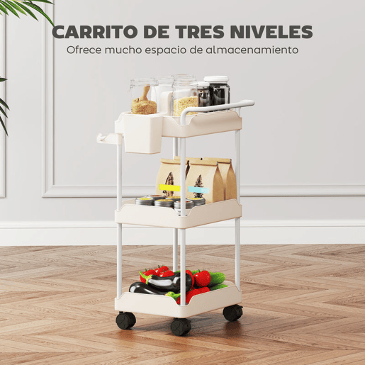 HOMCOM Carrinho Auxiliar com Rodas de 3 Níveis, Carrinho de Cozinha com Cestos Removíveis, Rodas com Travão, Suporte para Toalhas e Estrutura de Metal, para Sala de Jantar, Sala de Estar, Casa de Banho e Escritório, Branco