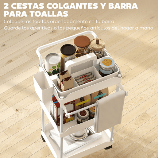 HOMCOM Carrinho Auxiliar com Rodas de 3 Níveis, Carrinho de Cozinha com Cestos Removíveis, Rodas com Travão, Suporte para Toalhas e Estrutura de Metal, para Sala de Jantar, Sala de Estar, Casa de Banho e Escritório, Branco