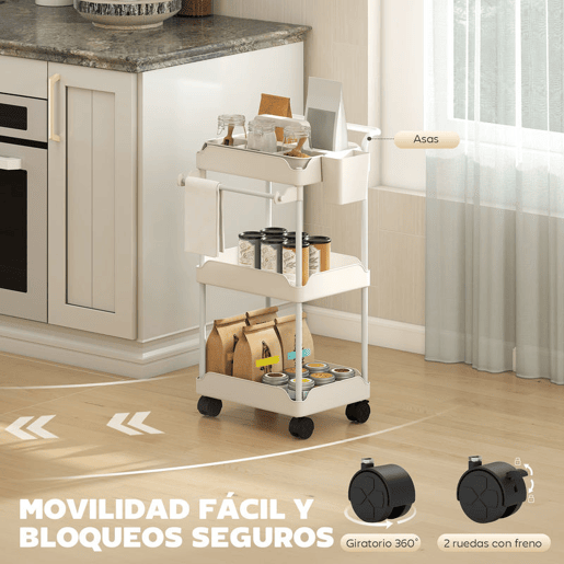 HOMCOM Carrinho Auxiliar com Rodas de 3 Níveis, Carrinho de Cozinha com Cestos Removíveis, Rodas com Travão, Suporte para Toalhas e Estrutura de Metal, para Sala de Jantar, Sala de Estar, Casa de Banho e Escritório, Branco
