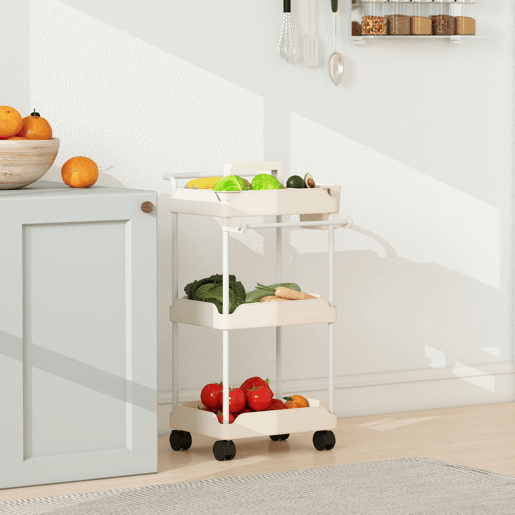 HOMCOM Carrinho Auxiliar com Rodas de 3 Níveis, Carrinho de Cozinha com Cestos Removíveis, Rodas com Travão, Suporte para Toalhas e Estrutura de Metal, para Sala de Jantar, Sala de Estar, Casa de Banho e Escritório, Branco