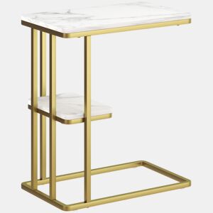 HOMCOM Mesa Auxiliar Estrutura em C Mesa Auxiliar Estreita de 2 Níveis com Prateleira Mesa de Cabeceira Moderna para Espaços Pequenos Sala Quarto 50x30x57,5 cm Branco Efeito Mármore