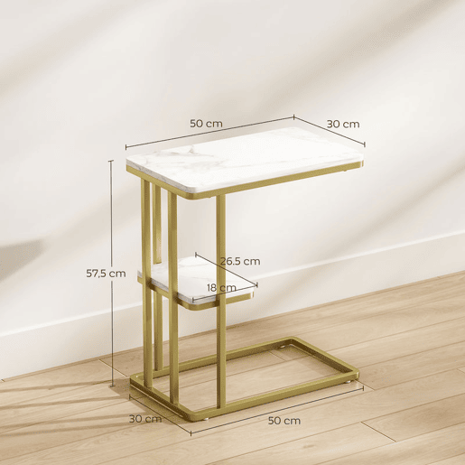 HOMCOM Mesa Auxiliar Estrutura em C Mesa Auxiliar Estreita de 2 Níveis com Prateleira Mesa de Cabeceira Moderna para Espaços Pequenos Sala Quarto 50x30x57,5 cm Branco Efeito Mármore