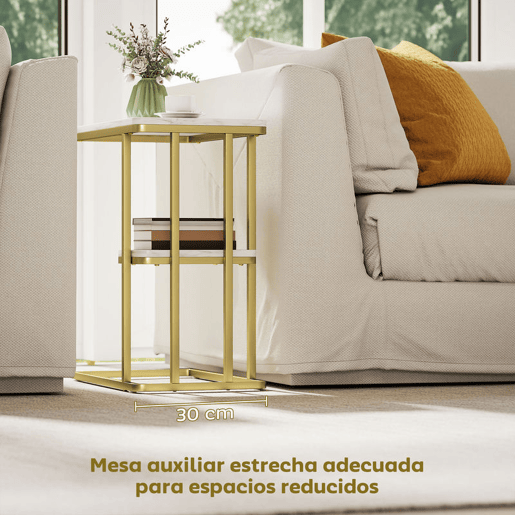 HOMCOM Mesa Auxiliar Estrutura em C Mesa Auxiliar Estreita de 2 Níveis com Prateleira Mesa de Cabeceira Moderna para Espaços Pequenos Sala Quarto 50x30x57,5 cm Branco Efeito Mármore