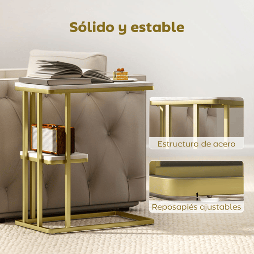 HOMCOM Mesa Auxiliar Estrutura em C Mesa Auxiliar Estreita de 2 Níveis com Prateleira Mesa de Cabeceira Moderna para Espaços Pequenos Sala Quarto 50x30x57,5 cm Branco Efeito Mármore