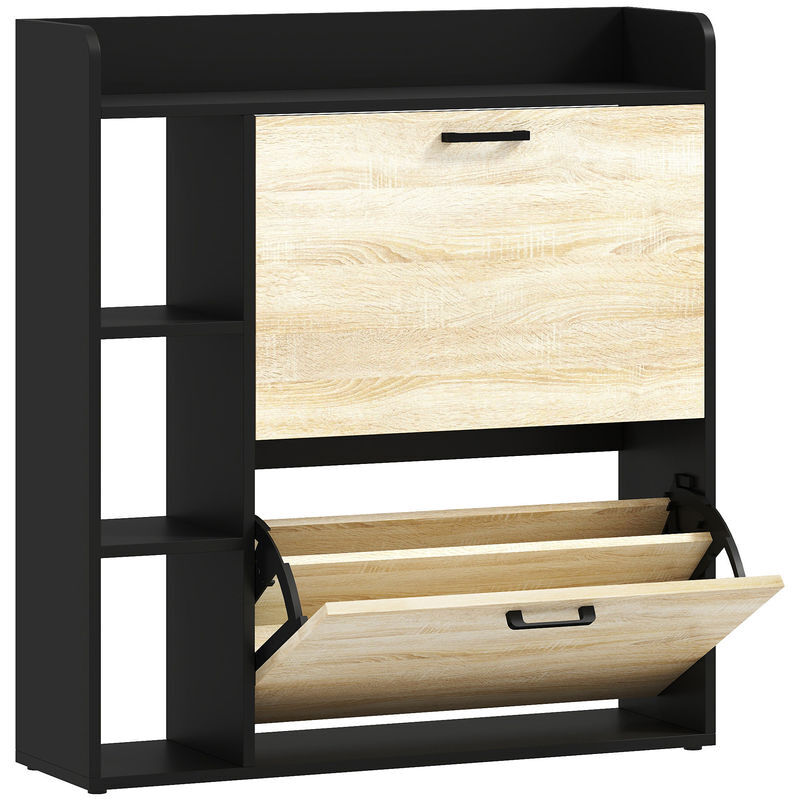 Homcom zapatero estrecho 2 puertas, zapatero entrada recibidor con 3 estantes laterales y estantes ajustables, para 15 pares de zapatos, para pasillo, espacio reducido, 83x24x90,5 cm, natural y negro