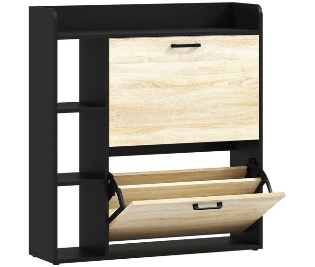 Homcom zapatero estrecho 2 puertas, zapatero entrada recibidor con 3 estantes laterales y estantes ajustables, para 15 pares de zapatos, para pasillo, espacio reducido, 83x24x90,5 cm, natural y negro