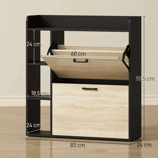 HOMCOM Sapateira Estreita 2 Portas Sapateira para Entrada Corredor com 3 Prateleiras Laterais e Prateleiras Ajustáveis para 15 Pares de Sapatos Para Corredor Espaço Reduzido 83x24x90,5 cm Madeira e Preto