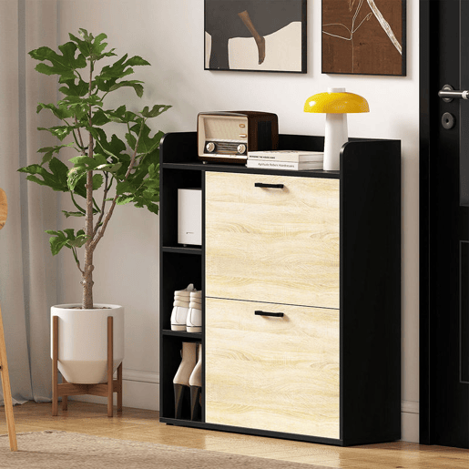 HOMCOM Sapateira Estreita 2 Portas Sapateira para Entrada Corredor com 3 Prateleiras Laterais e Prateleiras Ajustáveis para 15 Pares de Sapatos Para Corredor Espaço Reduzido 83x24x90,5 cm Madeira e Preto