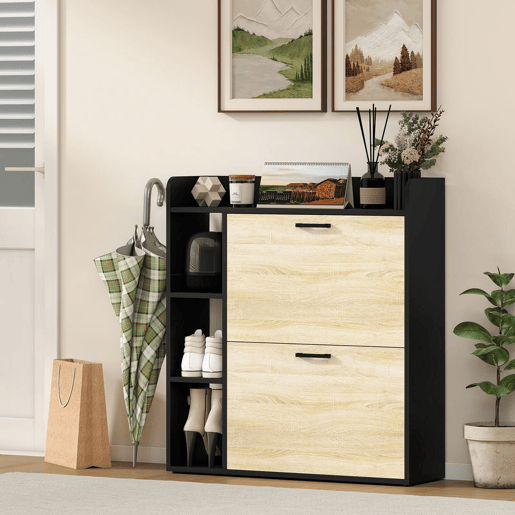 HOMCOM Sapateira Estreita 2 Portas Sapateira para Entrada Corredor com 3 Prateleiras Laterais e Prateleiras Ajustáveis para 15 Pares de Sapatos Para Corredor Espaço Reduzido 83x24x90,5 cm Madeira e Preto