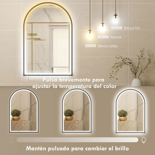 HOMCOM Espelho de Casa de Banho com Luz 60x90 cm Espelho de Parede Arqueado 3 Cores de Luz Brilho Regulável Função Antiembaçiamento Memória Interruptor Tátil Moldura de Alumínio IP44 Preto