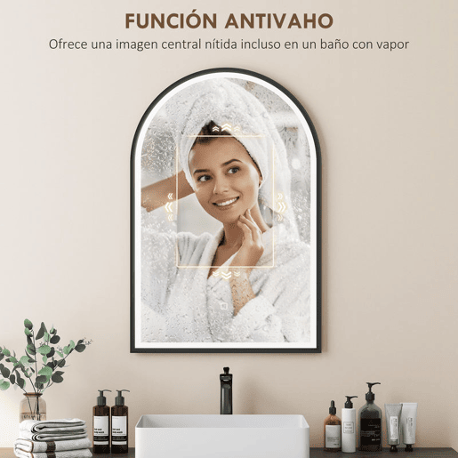 HOMCOM Espelho de Casa de Banho com Luz 60x90 cm Espelho de Parede Arqueado 3 Cores de Luz Brilho Regulável Função Antiembaçiamento Memória Interruptor Tátil Moldura de Alumínio IP44 Preto