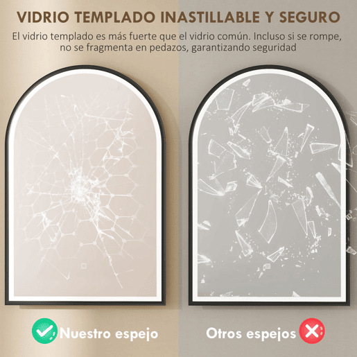 HOMCOM Espelho de Casa de Banho com Luz 60x90 cm Espelho de Parede Arqueado 3 Cores de Luz Brilho Regulável Função Antiembaçiamento Memória Interruptor Tátil Moldura de Alumínio IP44 Preto