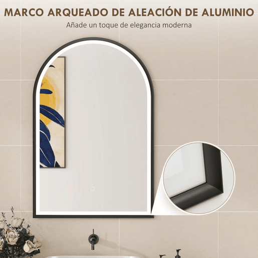 HOMCOM Espelho de Casa de Banho com Luz 60x90 cm Espelho de Parede Arqueado 3 Cores de Luz Brilho Regulável Função Antiembaçiamento Memória Interruptor Tátil Moldura de Alumínio IP44 Preto