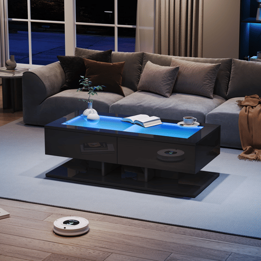 Mesa de centro 100x50x35 cm - Sofá com LED, com gavetas e vidro - Preto