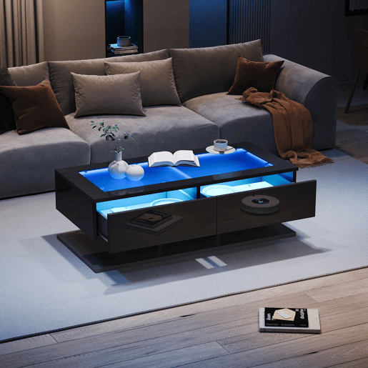 Mesa de centro 100x50x35 cm - Sofá com LED, com gavetas e vidro - Preto