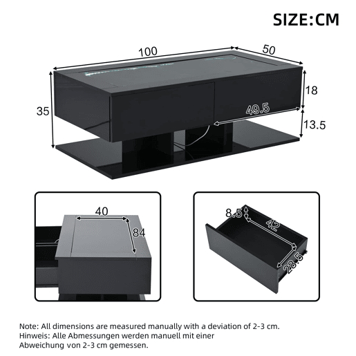 Mesa de centro 100x50x35 cm - Sofá com LED, com gavetas e vidro - Preto