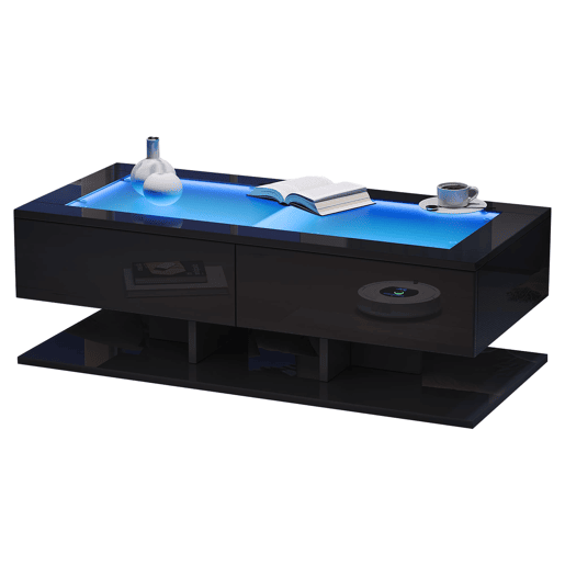 Mesa de centro 100x50x35 cm - Sofá com LED, com gavetas e vidro - Preto