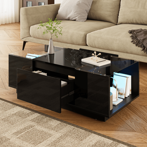 Mesa de centro 105 cm - Minimalista, com arrumação, iluminação LED, vidro, 2 gavetas - Preta