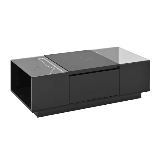 Mesa de centro 105 cm - Minimalista, com arrumação, iluminação LED, vidro, 2 gavetas - Preta
