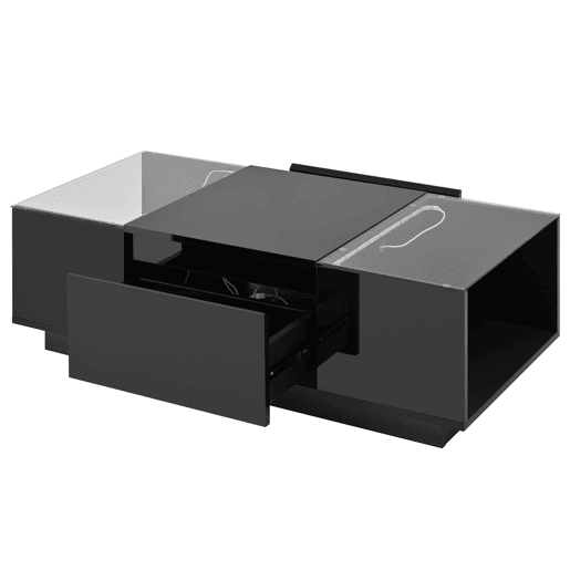 Mesa de centro 105 cm - Minimalista, com arrumação, iluminação LED, vidro, 2 gavetas - Preta