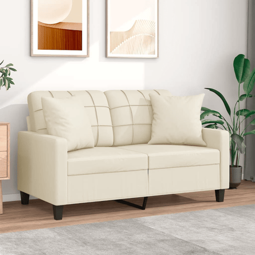 Sofá 2 lugares, Sofá fixo + almofadas decorativas 120cm couro artif. creme Sofá 2 lugares, Sofá fixo + almofadas decorativas 120cm couro artif. creme