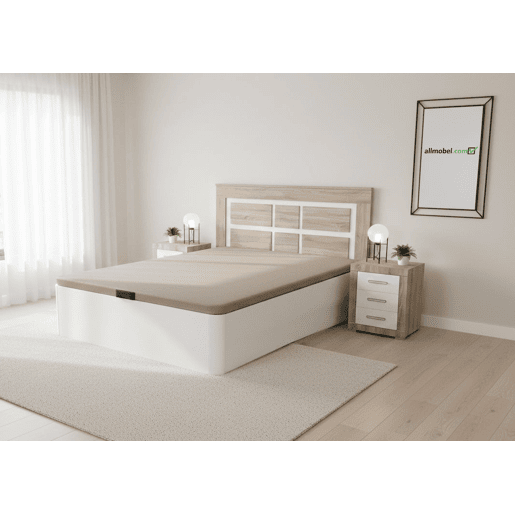 Conjunto de cama box Cambria de 150 cm com cabeceira e 2 mesas de cabeceira nas cores Cambria e branca. Conjunto de cama box Cambria de 150 cm com cabeceira e 2 mesas de cabeceira nas cores Cambria e branca.