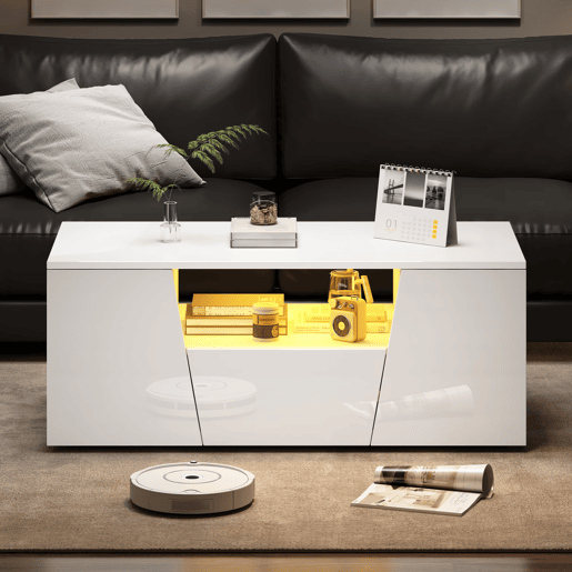 Mesa de centro 100x50x40 cm - Sofá com LED, 2 armários, 1 gaveta, design irregular - Branco