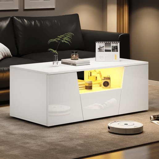 Mesa de centro 100x50x40 cm - Sofá com LED, 2 armários, 1 gaveta, design irregular - Branco