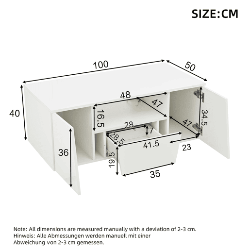 Mesa de centro 100x50x40 cm - Sofá com LED, 2 armários, 1 gaveta, design irregular - Branco