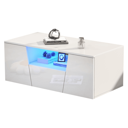 Mesa de centro 100x50x40 cm - Sofá com LED, 2 armários, 1 gaveta, design irregular - Branco