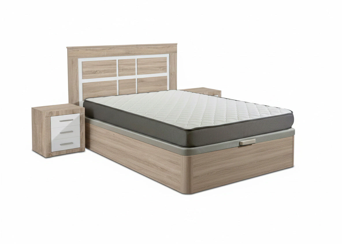 Pack cama canape, cambria, 135cm + colchón + cabecero y 2 mesitas de noche, cambria y blanco