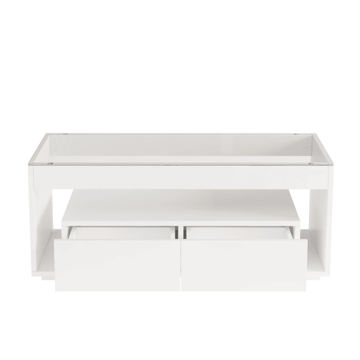 Mesa de centro 100x50x40 cm u2013 LED, 2 gavetas, design de dupla camada, vidro, alto brilho u2013 Branco