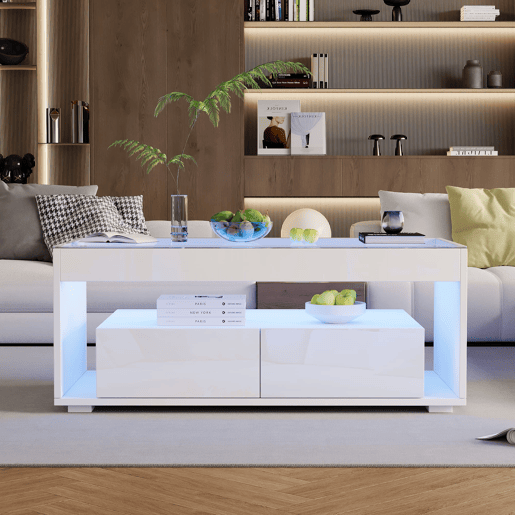 Mesa de centro 100x50x40 cm u2013 LED, 2 gavetas, design de dupla camada, vidro, alto brilho u2013 Branco