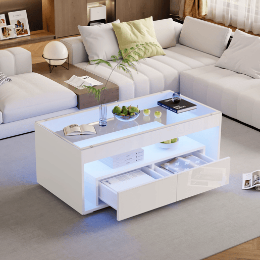 Mesa de centro 100x50x40 cm u2013 LED, 2 gavetas, design de dupla camada, vidro, alto brilho u2013 Branco