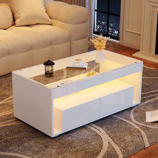 Mesa de centro 100x50x40 cm u2013 LED, 2 gavetas, design de dupla camada, vidro, alto brilho u2013 Branco