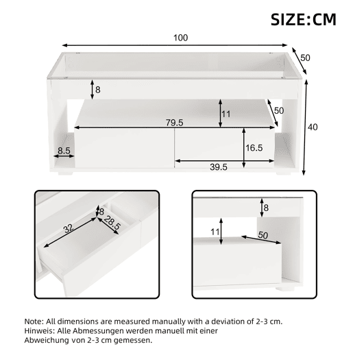 Mesa de centro 100x50x40 cm u2013 LED, 2 gavetas, design de dupla camada, vidro, alto brilho u2013 Branco