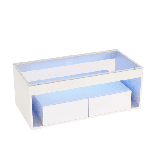 Mesa de centro 100x50x40 cm u2013 LED, 2 gavetas, design de dupla camada, vidro, alto brilho u2013 Branco