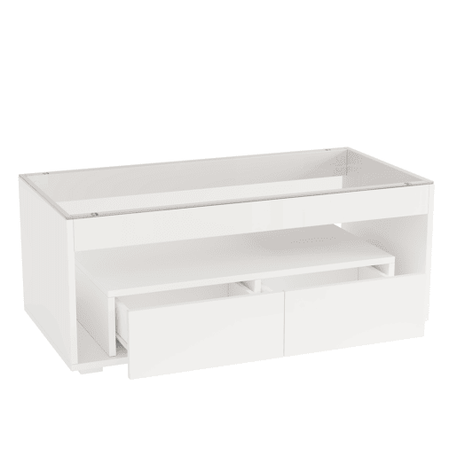 Mesa de centro 100x50x40 cm u2013 LED, 2 gavetas, design de dupla camada, vidro, alto brilho u2013 Branco