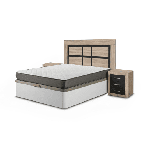 Conjunto de estrutura de cama, branca, 135 cm + colchão + cabeceira e 2 mesas de cabeceira, Cambria e Grafite