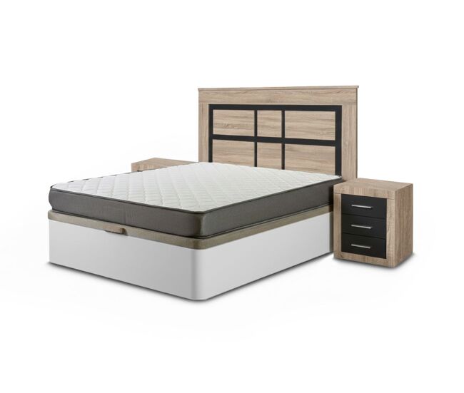 Pack cama canape, blanco, 135cm + colchón + cabecero y 2 mesitas de noche, cambria y grafito