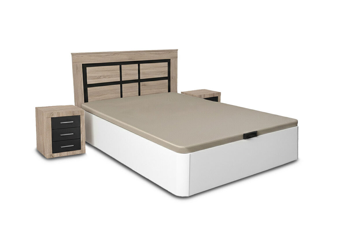 Pack cama canape blanco 150cm + cabecero y 2 mesitas de noche cambria y grafito