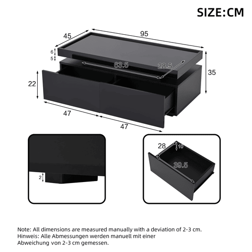 Mesa de centro 95x45x35 cm - LED, 2 gavetas, design geométrico, alto brilho - preto