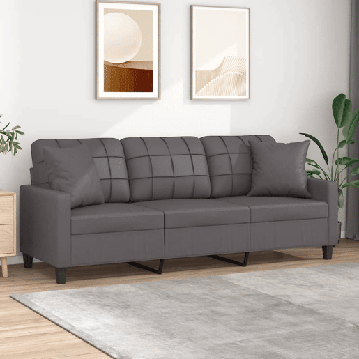 Sofá 3 lug. Sofá fixo c almofadas decorativas 180 cm couro artif. cinza Sofá 3 lug. Sofá fixo c almofadas decorativas 180 cm couro artif. cinza