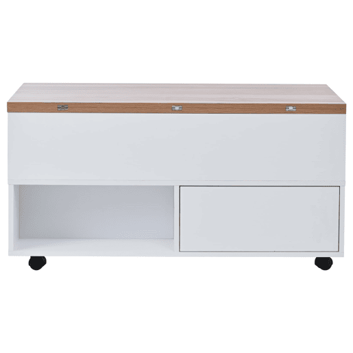 Mesa de centro 100 x 50 x 52 cm - com 4 rodas, 4 gavetas, elevável, multifuncional - Branco + Madeira Mesa de centro 100 x 50 x 52 cm - com 4 rodas, 4 gavetas, elevável, multifuncional - Branco + Madeira