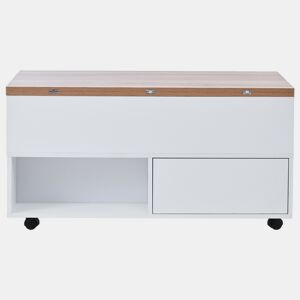 Mesa de centro 100 x 50 x 52 cm - com 4 rodas, 4 gavetas, elevável, multifuncional - Branco + Madeira