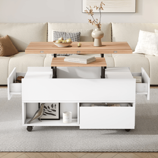 Mesa de centro 100 x 50 x 52 cm - com 4 rodas, 4 gavetas, elevável, multifuncional - Branco + Madeira Mesa de centro 100 x 50 x 52 cm - com 4 rodas, 4 gavetas, elevável, multifuncional - Branco + Madeira