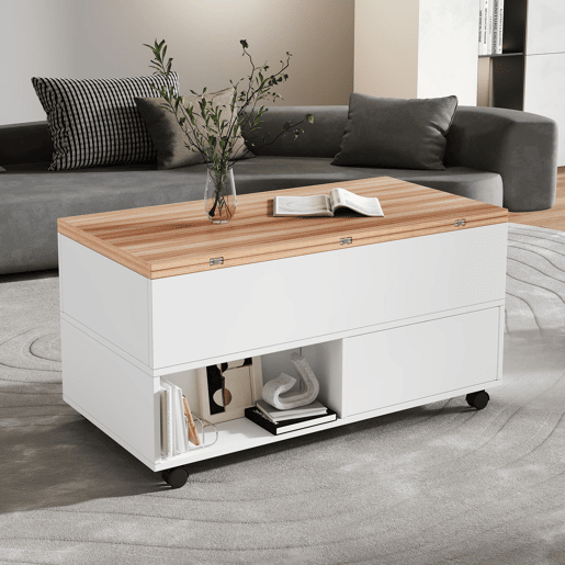 Mesa de centro 100 x 50 x 52 cm - com 4 rodas, 4 gavetas, elevável, multifuncional - Branco + Madeira Mesa de centro 100 x 50 x 52 cm - com 4 rodas, 4 gavetas, elevável, multifuncional - Branco + Madeira