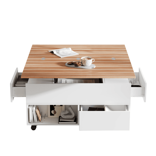 Mesa de centro 100 x 50 x 52 cm - com 4 rodas, 4 gavetas, elevável, multifuncional - Branco + Madeira Mesa de centro 100 x 50 x 52 cm - com 4 rodas, 4 gavetas, elevável, multifuncional - Branco + Madeira