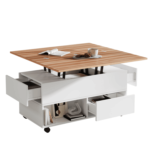 Mesa de centro 100 x 50 x 52 cm - com 4 rodas, 4 gavetas, elevável, multifuncional - Branco + Madeira Mesa de centro 100 x 50 x 52 cm - com 4 rodas, 4 gavetas, elevável, multifuncional - Branco + Madeira