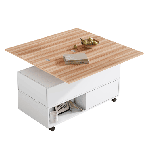 Mesa de centro 100 x 50 x 52 cm - com 4 rodas, 4 gavetas, elevável, multifuncional - Branco + Madeira Mesa de centro 100 x 50 x 52 cm - com 4 rodas, 4 gavetas, elevável, multifuncional - Branco + Madeira